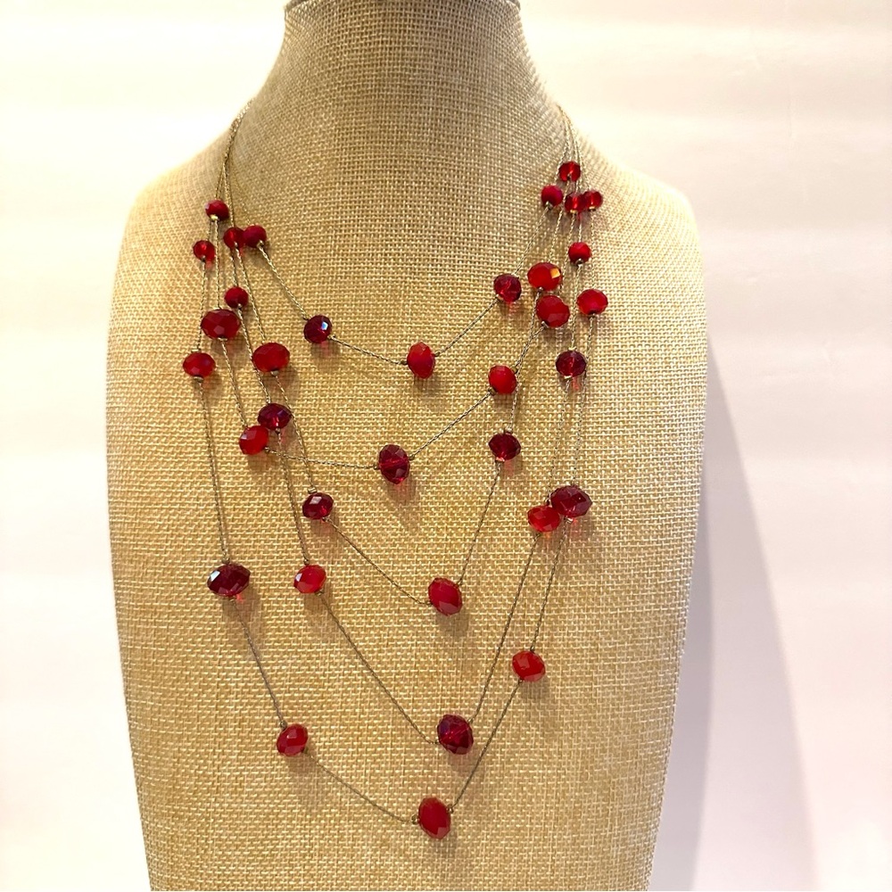 Ali-Khan New York Necklace gold tone multistrand layered, red glass facet beads